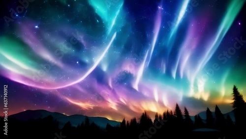 A stunning view of the night sky showcases the Northern Lights ling above wispy clouds. The lightshow is a tapestry of captivating colors with transparent shades of tangerine 