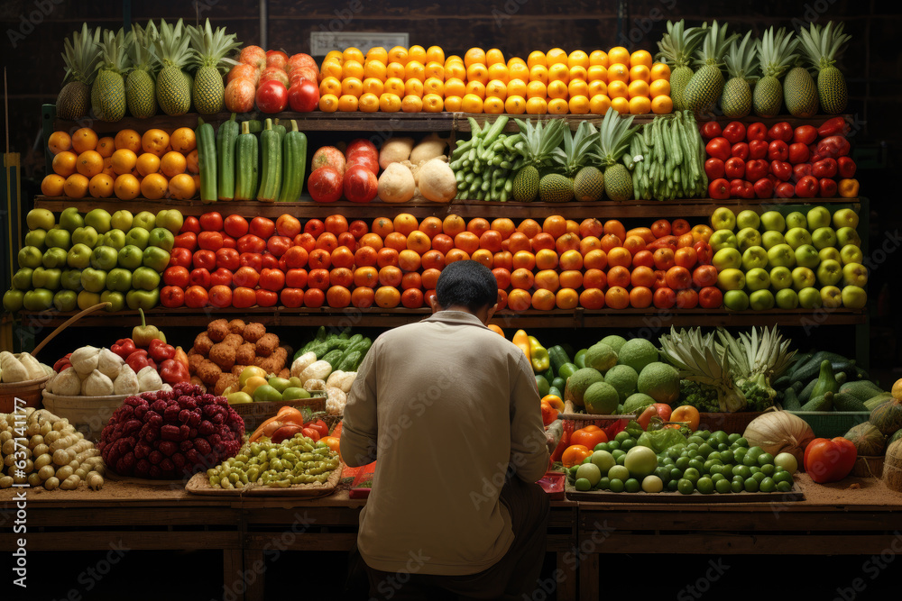 Grocery store shelves of fruits and vegetables with a man inspecting them