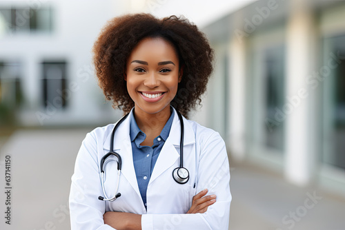 African American female doctor in a hospital setting