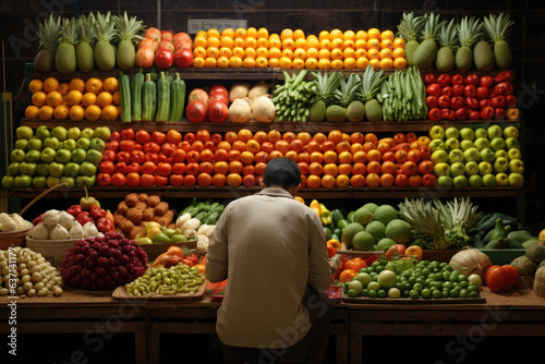 Grocery store shelves of fruits and vegetables with a man inspecting them