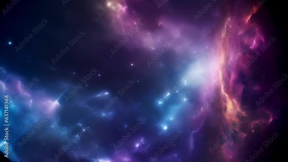 This space ilration is an abstract composition of a brightly colored nebula in contrast to a dark expanse of stars. The stars create a backdrop for streaks of yellow pink and 