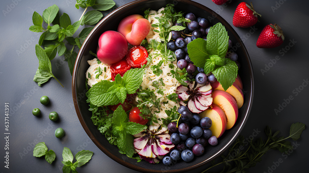 Fototapeta premium bowl filled with fresh fruits, vegetables, and herbs on a dark background