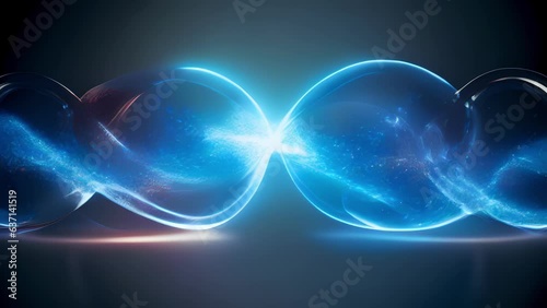 Sprays of cerulean and azure sparks shoot from two spinning balls of light swirling in vibrant magnetic waves around each other. Locked in an endless game of cosmic tugofwar 