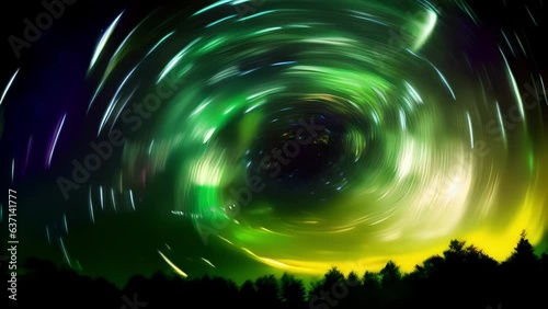 A longexposure photgraph of a mesmerizingly vibrant green aurora australis Southern Lights swirl which appears to undulate and expand slowly under the night sky filled with stars photo