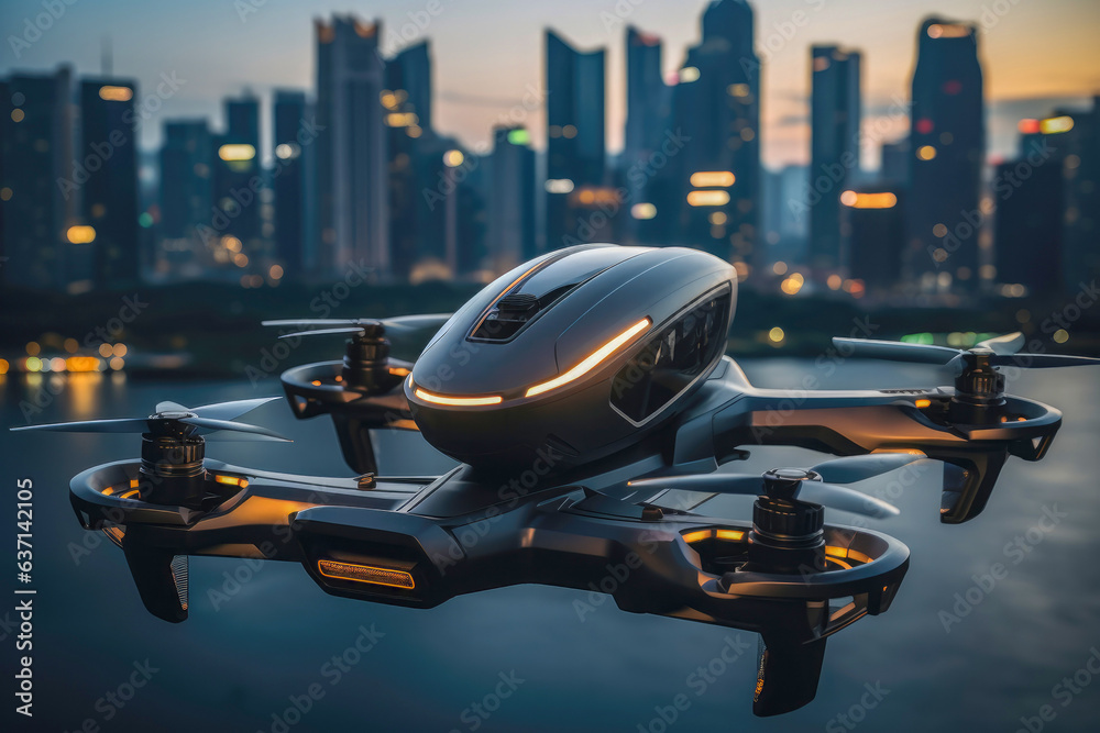 Passanger drone aerial taxi flying over a modern city