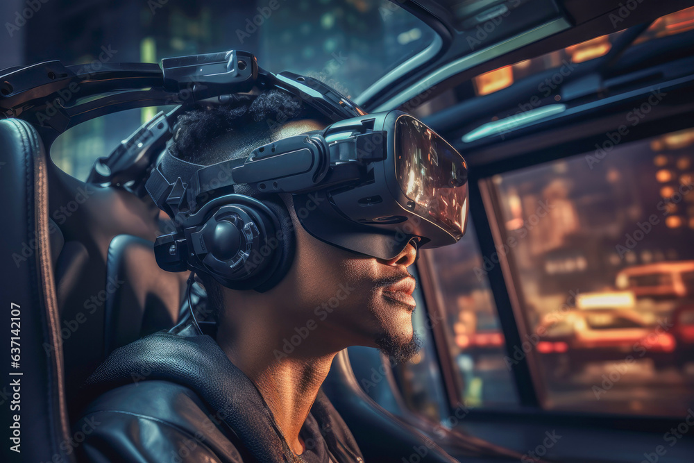 Person enjoying a virtual reality journey during a night ride in a self-driving car Person enjoying a virtual reality journey during a night ride in a self-driving car