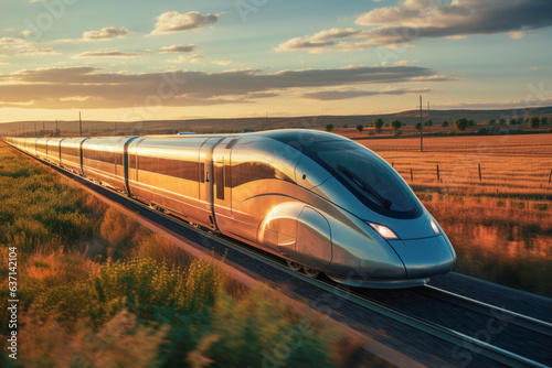 High-speed train traveling through the countryside connecting cities