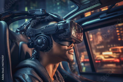 Person enjoying a virtual reality journey during a night ride in a self-driving car