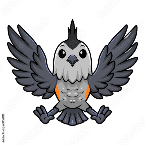 Cute black crested titmouse cartoon flying