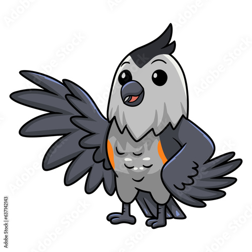 Cute black crested titmouse cartoon waving hand