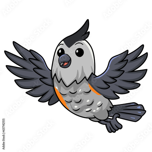Cute black crested titmouse cartoon flying