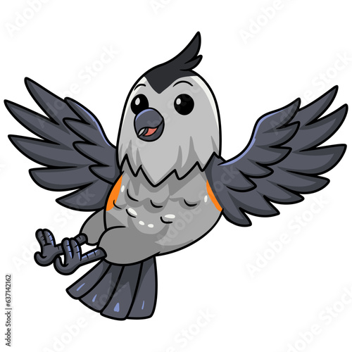 Cute black crested titmouse cartoon flying