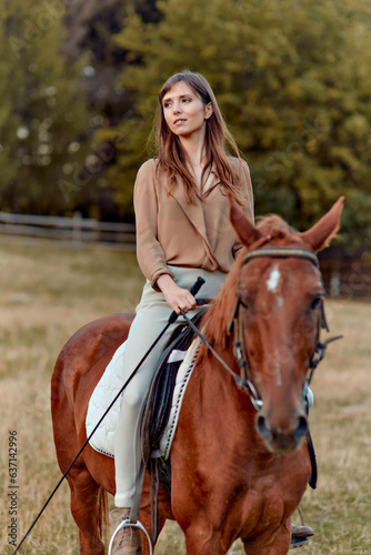 Woman and horse in rural landscape. Equestrianism promotes well-being and stress relief. The portrait captures equestrian training, showcasing an athlete's farm and outdoor saddle sports arena.