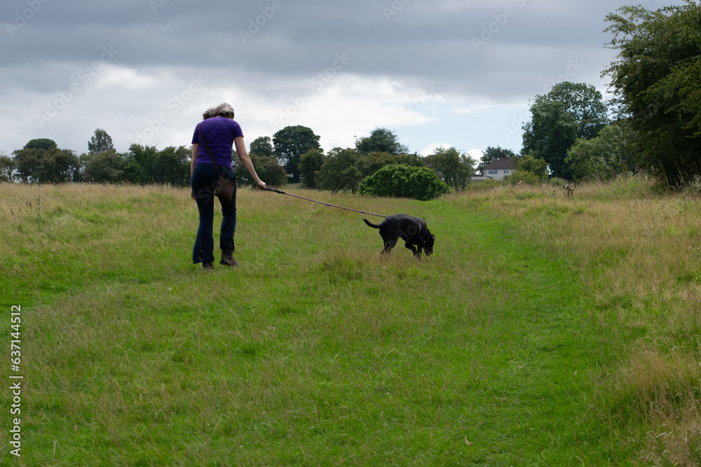 A woman walking a dog in the countryside A woman walking a dog in the countryside