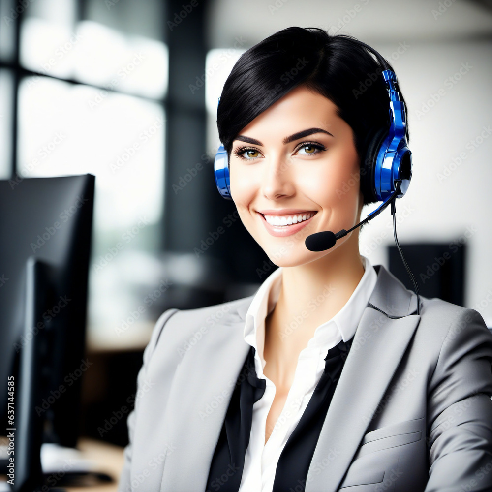Happy successful business woman with short black hair with headset. in suit smiling at work in the office Happy successful business woman with short black hair with headset. in suit smiling at work in the office
