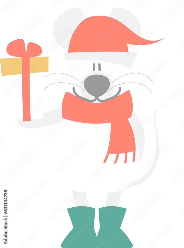 merry christmas and happy new year with cute rat mouse and gift, flat png transparent element cartoon character design