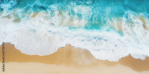 Top view oncoast with ocean waves. Blue water background. Summer seascape from air. Generative AI © AngrySun