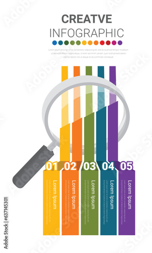 Modern infographics options banner with colorful Magnifying Glass 5 steps. Can be used for workflow layout, process diagram, flow chart. photo