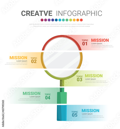 Modern infographics options banner with colorful Magnifying Glass 5 steps. Can be used for workflow layout, process diagram, flow chart.