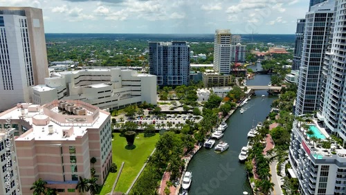 Aerial Fly back Riverwalk FL Lauderdale Downtown