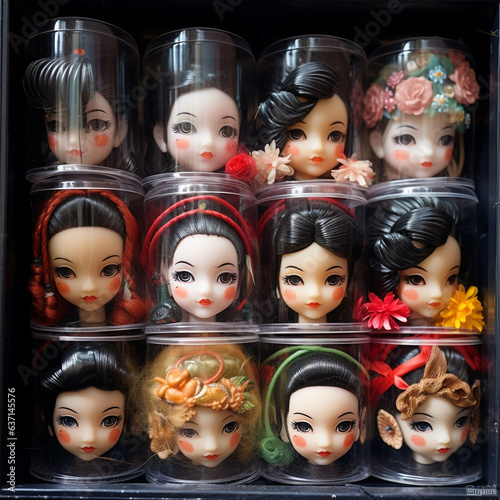 Doll heads in clear jars photo