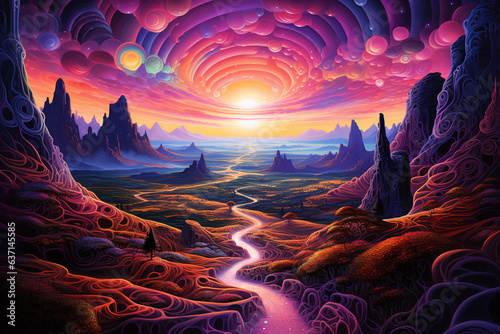 Surreal rainbow labyrinth sunset mountains landscape