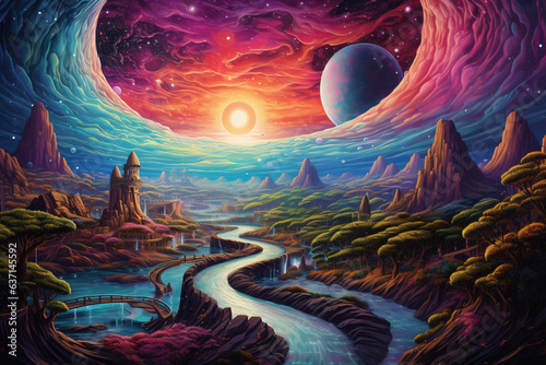 Surreal rainbow labyrinth sunset mountains landscape