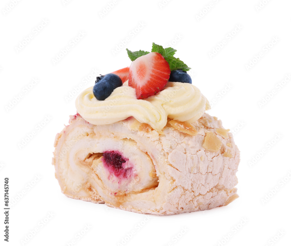 Slice of tasty meringue roll with jam, berries and mint leaves isolated on white Slice of tasty meringue roll with jam, berries and mint leaves isolated on white