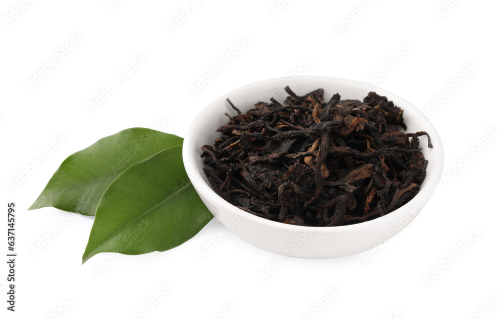 Bowl of traditional Chinese pu-erh tea and fresh leaves isolated on white Bowl of traditional Chinese pu-erh tea and fresh leaves isolated on white