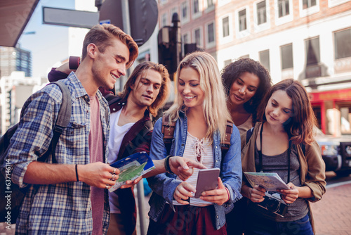 Young and diverse group of young people on a vacation traveling and exploring Cape Town in South Africa
