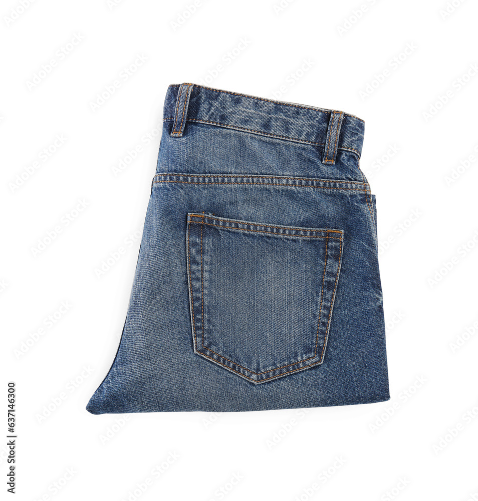 Blue jeans isolated on white, top view. Stylish clothes Blue jeans isolated on white, top view. Stylish clothes