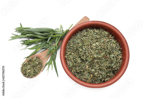 Bowl of dry tarragon, spoon and fresh leaves isolated on white, top view