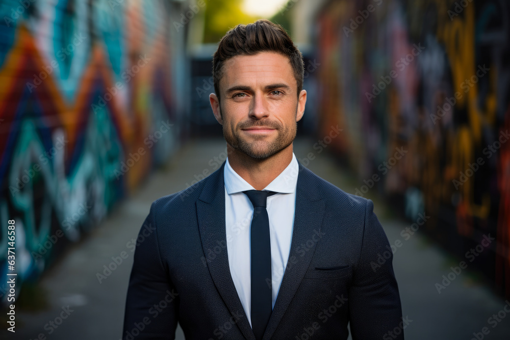 An Ambitious Entrepreneur with Charisma: A Stylish Man in a Suit and Tie, Standing Confidently in Front of Urban Graffiti Art An Ambitious Entrepreneur with Charisma: A Stylish Man in a Suit and Tie, Standing Confidently in Front of Urban Graffiti Art