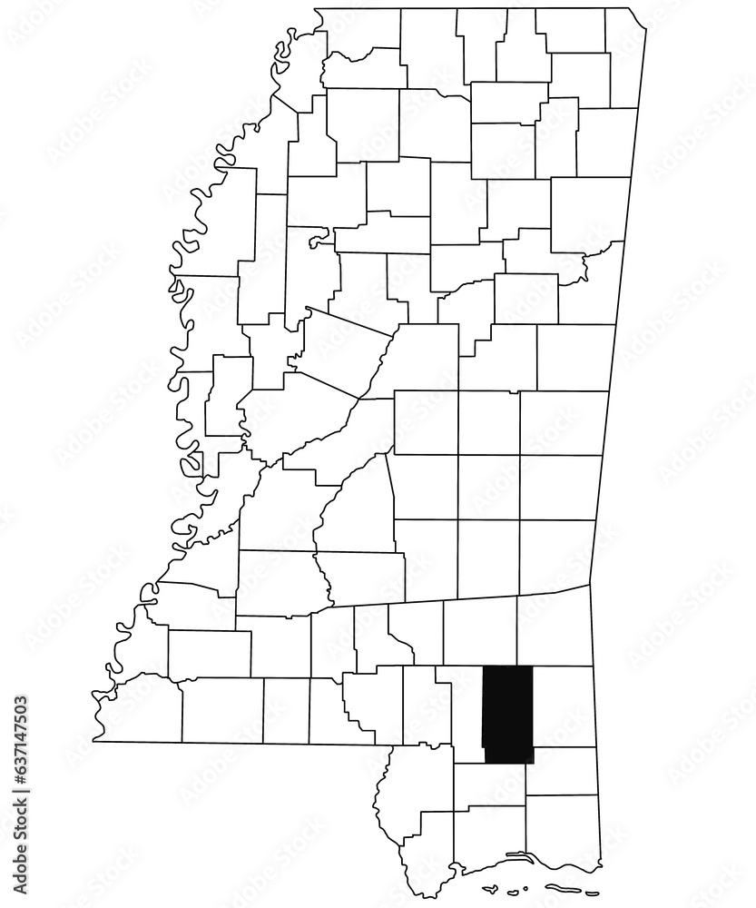 Fototapeta Map of Perry County in Mississippi state on white background. single County map highlighted by black colour on Mississippi map. United States of America, US