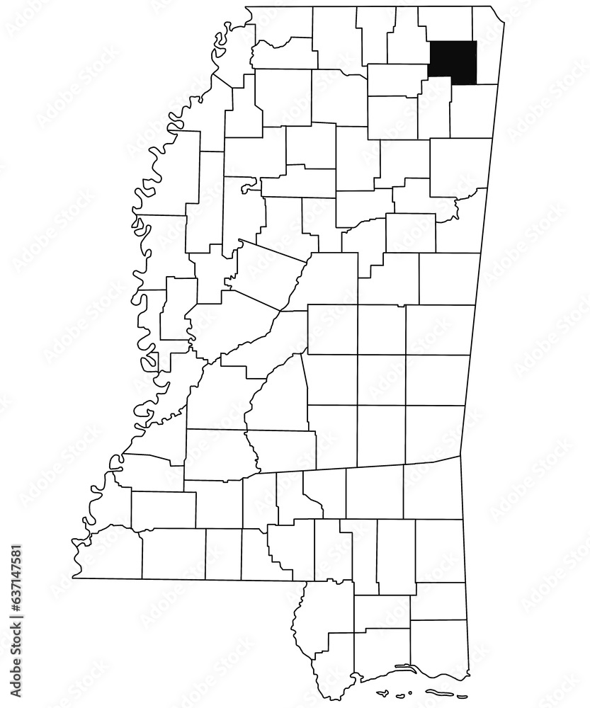 Map of Prentiss County in Mississippi state on white background. single