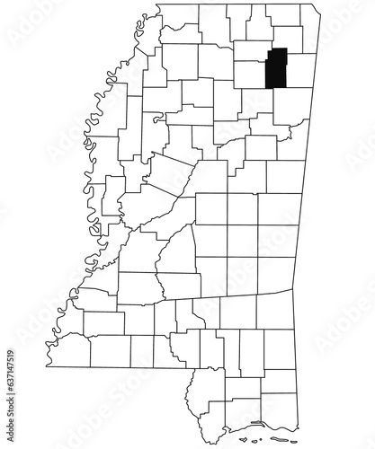 Map of Lee County in Mississippi state on white background. single County map highlighted by black colour on Mississippi map. United States of America, US