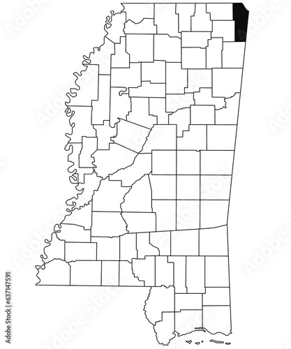 Map of tishomingo County in Mississippi state on white background. single County map highlighted by black colour on Mississippi map. United States of America, US