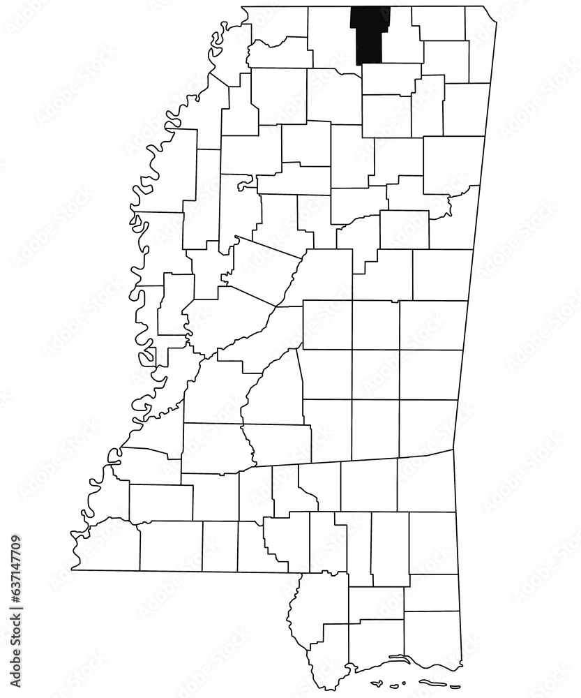 Fototapeta Map of Benton County in Mississippi state on white background. single County map highlighted by black colour on Mississippi map. United States of America, US