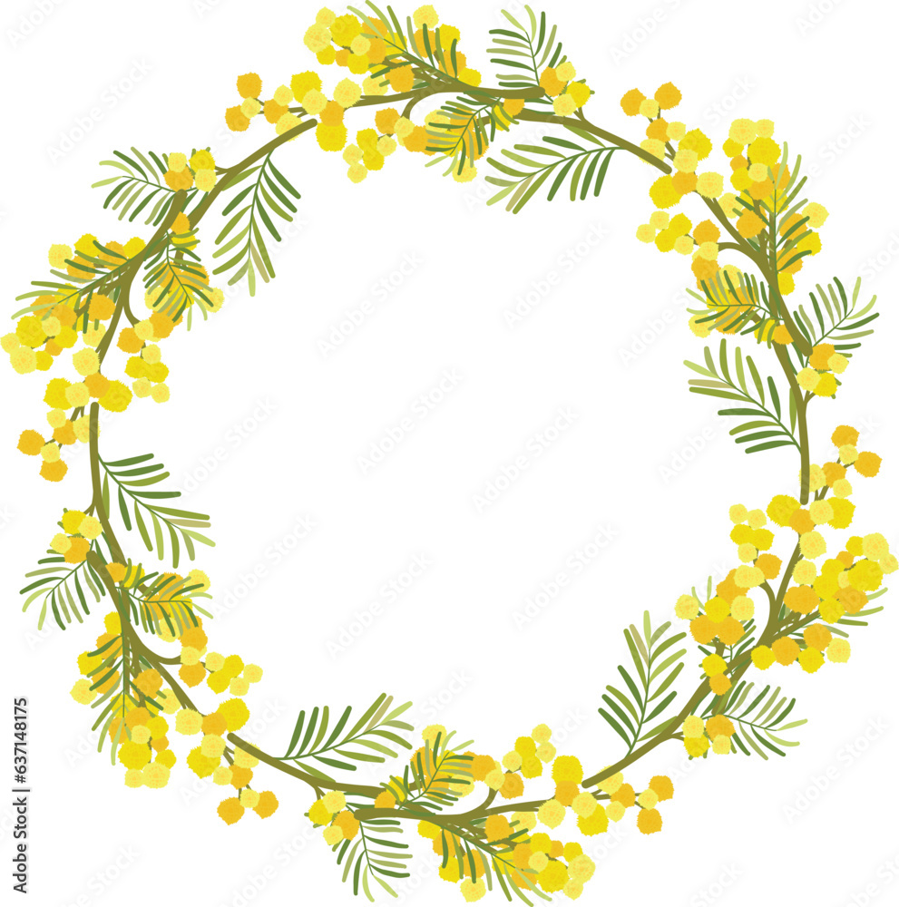 floral frame with a bouquet of yellow mimosa flowers