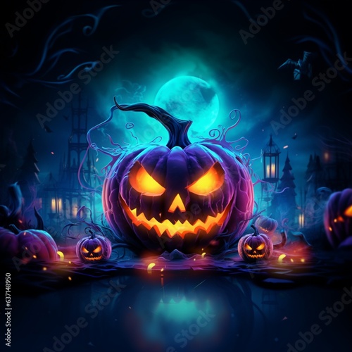 Halloween background spooky night with evil pumpkin
