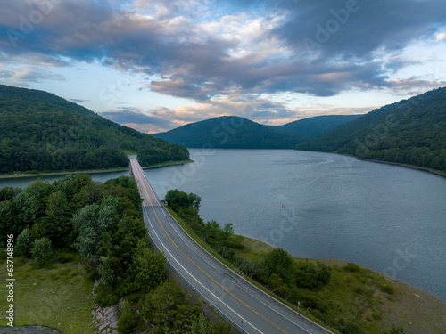 Late afternoon summer aerial photo of the bridge over the Cannonsville Reservoir, Trout Creek, Route 10.