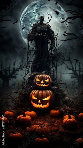 Halloween background spooky night with evil pumpkin