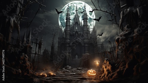 Halloween background spooky night with evil pumpkin