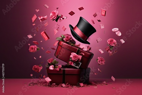 gifts falling out of a top hat on a pink color, gifts concept.