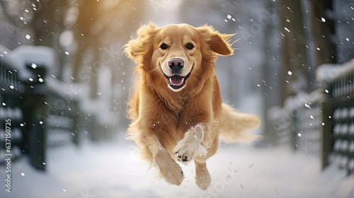 Happy golden retriever dog running in a winterforest