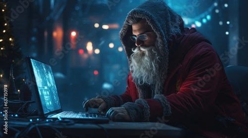 cyber santaclus with laptop. Hacker concept.