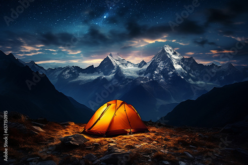 Camping in the mountains under the starry sky. Night landscape.