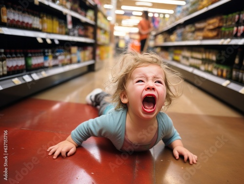 Toddler Having a Temper Tantrum or Meltdown on the Floor in Grocery Store photo