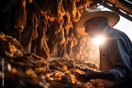 Farmer old man picking dried tobacco leaves in curing plant