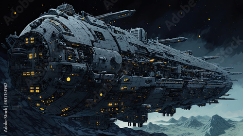 Illustration of a industrial futuristic mining spaceship.